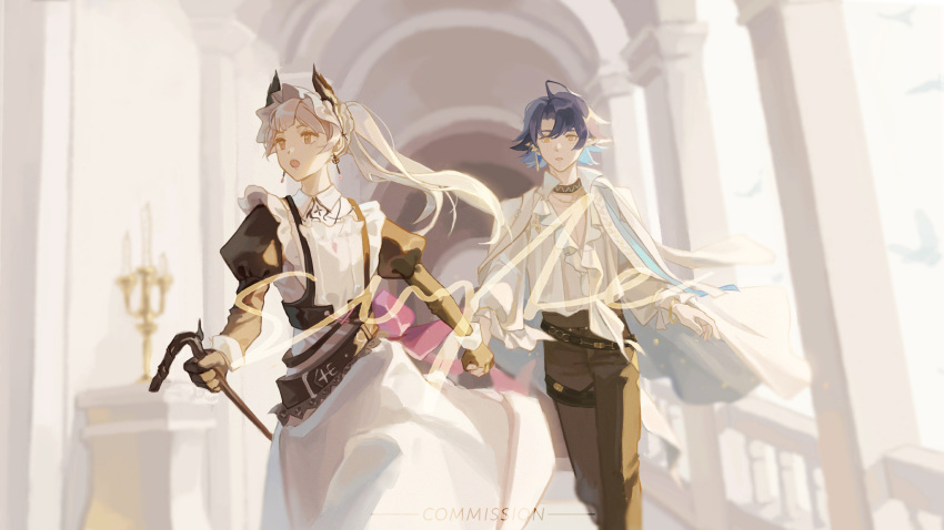 1boy 1girl absurdres ahoge akimito apron arknights black_dress black_gloves blue_hair blurry blurry_background brown_pants candle candlestand commentary_request commission depth_of_field dress gloves grey_hair hair_between_eyes highres holding holding_hands indoors irene_(arknights) irene_(voyage_of_feathers)_(arknights) juliet_sleeves long_sleeves lumen_(arknights) pants parted_bangs pointy_ears puffy_sleeves shirt white_apron white_shirt yellow_eyes