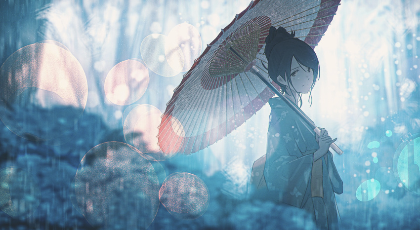 1girl absurdres bamboo bamboo_forest black_eyes black_hair blurry blurry_background closed_mouth commentary_request flower forest grey_kimono hair_bun highres holding holding_umbrella hydrangea japanese_clothes kimono lens_flare looking_at_viewer nature obi oil-paper_umbrella oka_kojiro original sash scenery short_hair solo standing umbrella wide_sleeves