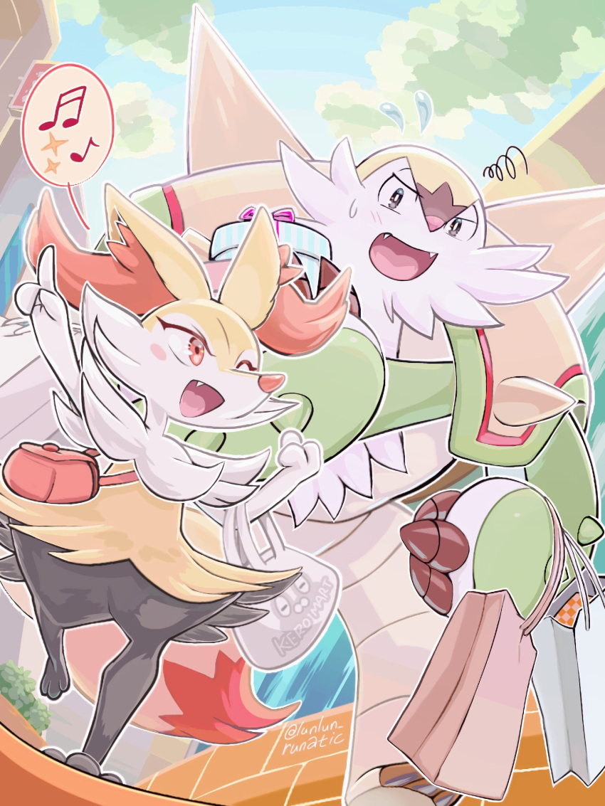 1boy 1girl animal_ear_fluff animal_ears animal_feet animal_hands animal_nose arm_up artist_name bag beard black_eyes black_fur blue_sky blush blush_stickers body_fur box braixen bright_pupils chesnaught commentary_request day english_text eye_contact facial_hair fangs flat_chest flying_sweatdrops fox_ears fox_girl fox_tail froakie full_body furry furry_female furry_male gift gift_box hand_up highres holding holding_bag holding_box leg_up looking_at_another looking_back multicolored_fur musical_note neck_fur one_eye_closed open_mouth outdoors outline outstretched_arm pointing pokemon pokemon_(creature) red_eyes runachikku shopping shopping_bag shoulder_bag signature sky snout sparkle speech_bubble spoken_musical_note spoken_sparkle squiggle standing standing_on_one_leg sweat tail twitter_username walking white_fur white_outline white_pupils yellow_fur