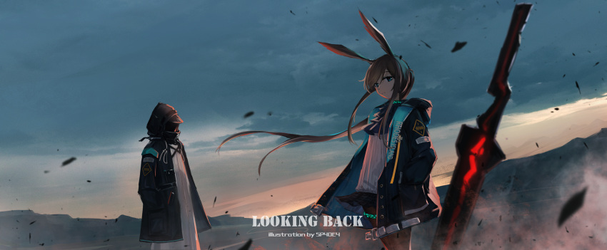 absurdres amiya_(arknights) animal_ears arknights artist_name black_jacket black_pantyhose black_skirt blue_eyes blue_jabot blue_jacket brown_hair clouds cloudy_sky cowboy_shot de4d_fish debris doctor_(arknights) dress dusk evening floating_hair from_side hair_ornament hands_in_pockets highres hood hood_down hood_up hooded_jacket horizon horse_ears horse_girl infection_monitor_(arknights) jacket legs_together long_hair looking_at_viewer miniskirt open_clothes open_jacket outdoors pantyhose planted planted_sword pleated_skirt ponytail scenery shirt skirt sky sword thighlet very_long_hair watermark weapon white_dress white_shirt