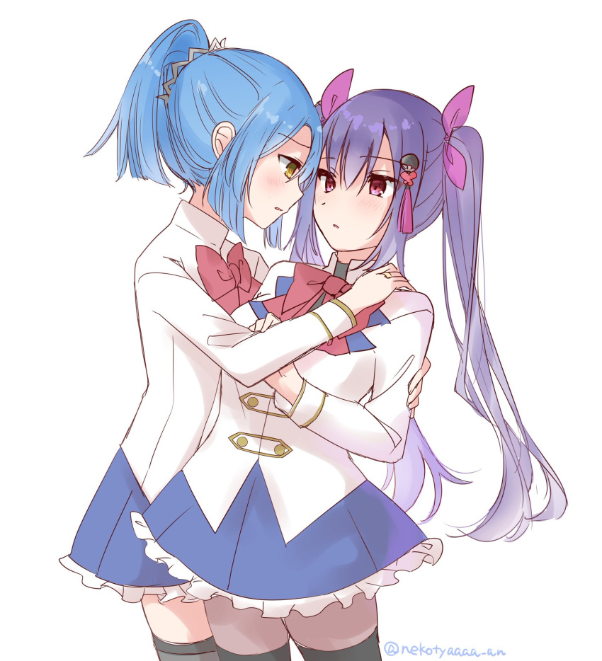2girls assault_lily benini black_thighhighs blue_hair blue_skirt blush bow bowtie breasts buttons commentary_request cowboy_shot eye_contact face-to-face frilled_skirt frills hair_between_eyes hair_ornament hair_ribbon hand_on_another's_arm hand_on_another's_shoulder hand_up hands_up herensuge_girls_academy_school_uniform high_ponytail highres jacket jewelry long_hair long_sleeves looking_at_another makino_mitake matsumura_fuuka medium_breasts miniskirt multiple_girls pantyhose parted_lips pink_eyes pink_ribbon ponytail profile purple_hair red_bow red_bowtie ribbon ring school_uniform short_hair simple_background skirt standing tassel tassel_hair_ornament thigh-highs thighhighs_over_pantyhose twintails twitter_username very_long_hair white_background white_jacket yellow_eyes yuri zettai_ryouiki