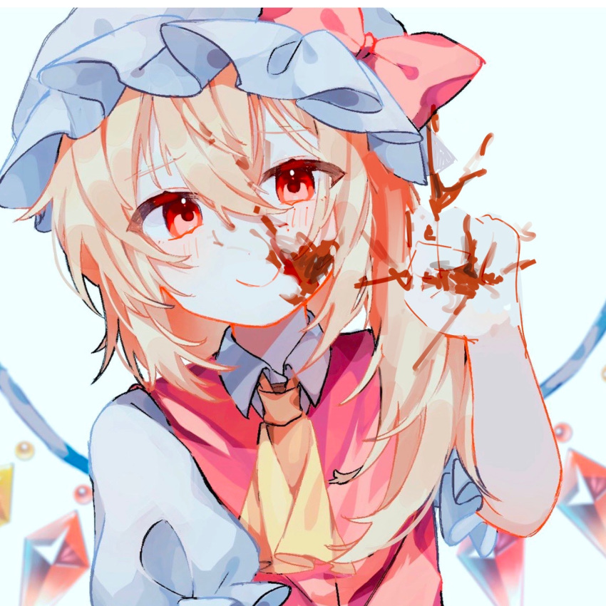 1girl ascot blonde_hair blood blood_splatter bow buttons chicachang clenched_hand closed_mouth collared_shirt crystal flandre_scarlet hair_between_eyes hat hat_bow highres looking_at_viewer mob_cap one_side_up puffy_short_sleeves puffy_sleeves red_bow red_eyes shirt short_sleeves sketch smile solo touhou upper_body white_background white_headwear white_shirt wings yellow_ascot