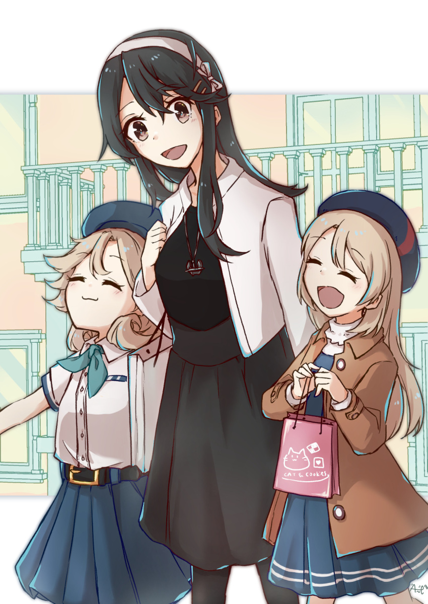 3girls :d ^_^ anchor_necklace ane_hoshimaru bag belt beret black_belt black_hair black_pantyhose black_shirt blonde_hair blue_dress blue_headwear blue_skirt brown_jacket casual closed_eyes collared_shirt commentary_request commission dress from_side grey_skirt hair_ornament hairband hairclip haruna_(kancolle) hat highres holding holding_bag jacket janus_(kancolle) jervis_(kancolle) jewelry kantai_collection long_hair long_skirt multiple_girls necklace official_alternate_costume pantyhose parted_bangs shirt shopping_bag short_hair signature skeb_commission skirt smile white_hairband white_jacket white_shirt