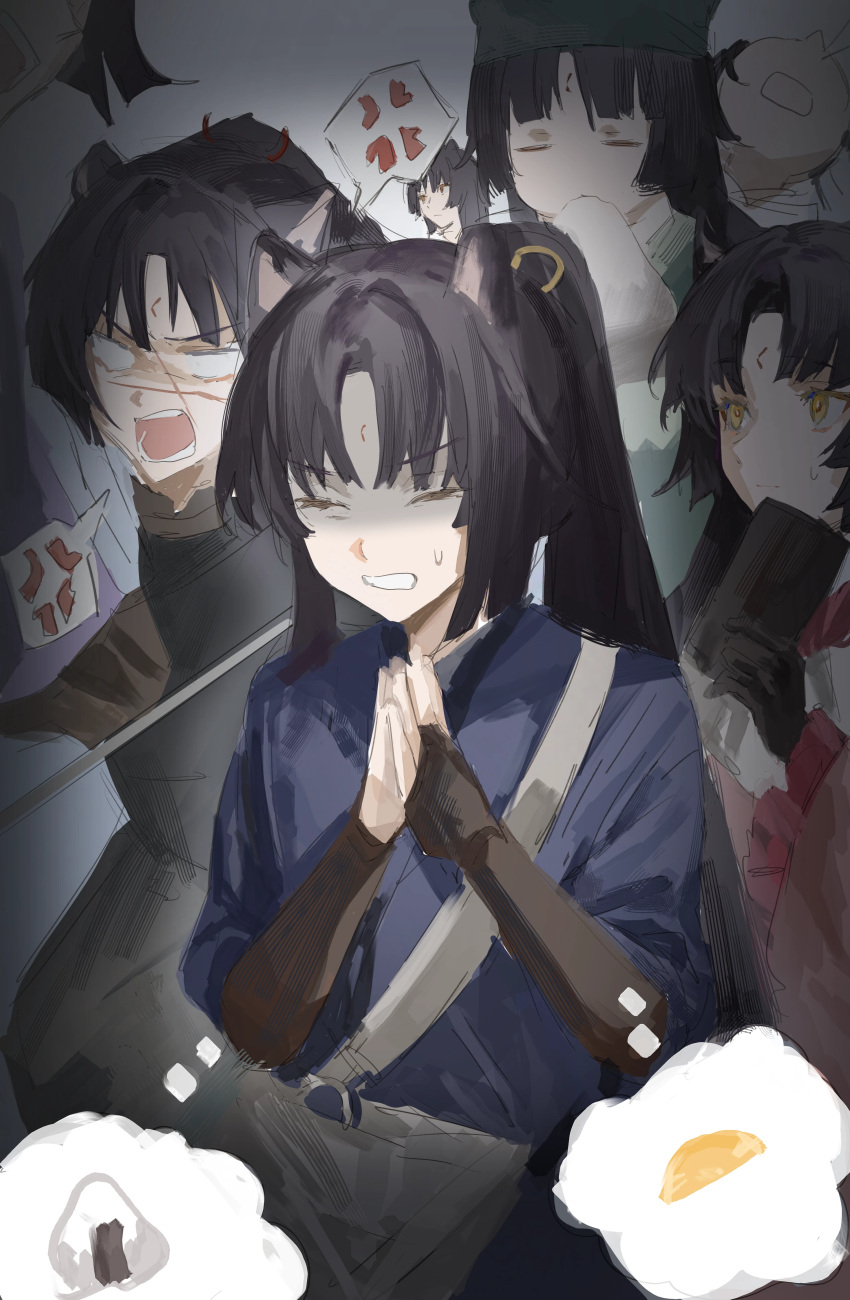 absurdres ajun351984 anger_vein animal_ears arknights black_gloves black_hair blue_kimono bridal_gauntlets clenched_teeth closed_mouth dog_ears food gloves green_headwear highres japanese_clothes kimono long_sleeves onigiri open_mouth palms_together parted_bangs ponytail saga_(arknights) spoken_anger_vein spoken_food sweat teeth turn_pale v-shaped_eyebrows wide_sleeves yellow_eyes