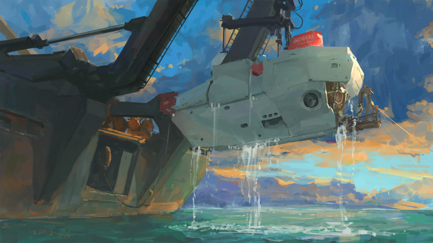 artist_name boat chinese_commentary clouds cloudy_sky commentary_request crane_(machine) dated dusk highres no_humans ocean original outdoors scenery sky submarine watercraft xilmo