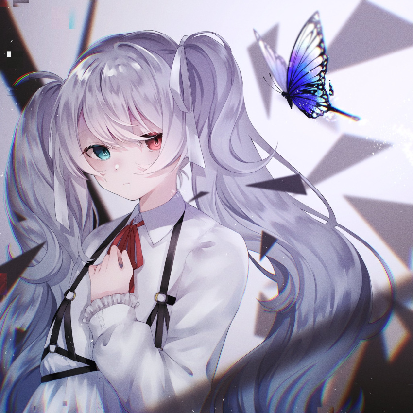 1girl 25-ji_miku :| blue_butterfly blue_eyes bug butterfly chest_harness closed_mouth collared_shirt dot_nose expressionless grey_hair hair_between_eyes hair_ribbon hand_on_own_chest harness hatsune_miku heterochromia highres long_hair long_sleeves looking_at_viewer neck_ribbon nuko_0108 o-ring project_sekai raised_eyebrows red_eyes red_ribbon ribbon ringed_eyes shirt sidelocks simple_background solo twintails upper_body vocaloid white_background white_ribbon white_shirt