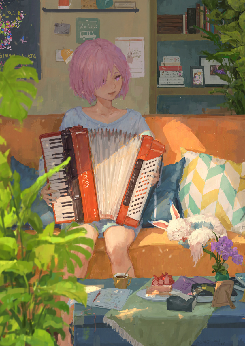 1girl absurdres accordion blue_skirt chinese_commentary collarbone commentary_request couch cup fate/grand_order fate_(series) flower fou_(fate) hair_over_one_eye highres indoors instrument mash_kyrielight music open_mouth pink_eyes pink_hair plant playing_instrument potted_plant shade shirt sitting skirt smile teeth white_shirt xilmo