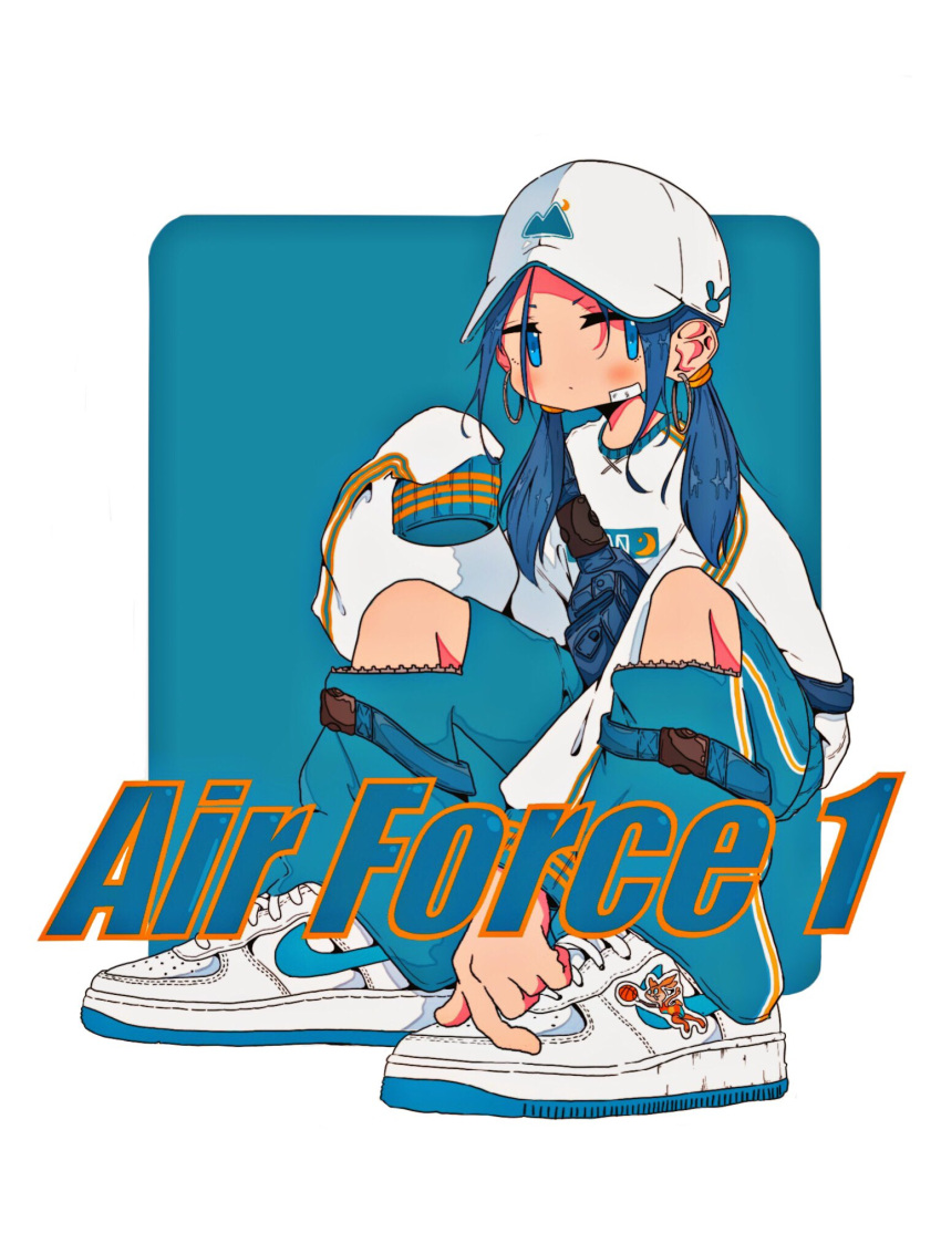 1girl aqua_background aqua_pants arm_between_legs bandaid bandaid_on_cheek bandaid_on_face baseball_cap blue_eyes blue_hair border earrings fanny_pack full_body hand_up hat highres hoop_earrings jewelry knee_cutout knees long_hair long_sleeves looking_at_viewer low_twintails nao97122 nike nike_air_force_1 original outside_border print_sweater product_placement shoes sidelocks simple_background sitting sleeves_past_fingers sleeves_past_wrists sneakers solo sticker streetwear sweater twintails white_border white_footwear white_headwear white_sweater zipper