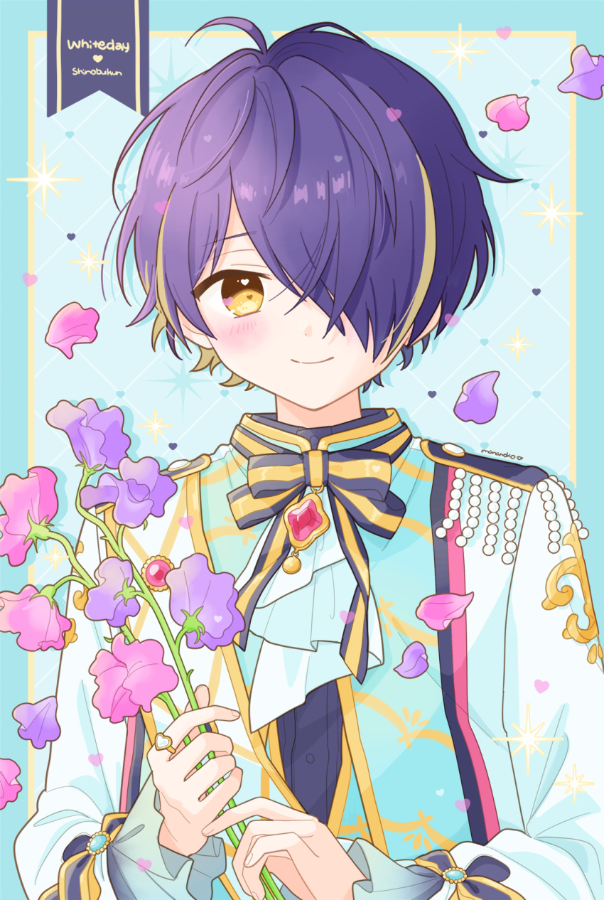 1boy blonde_hair blue_background blush blush_flash_(ensemble_stars!) closed_mouth ensemble_stars! epaulettes flower hair_over_one_eye happypuppy_guu highres holding holding_flower jacket looking_at_viewer male_focus multicolored_hair neck_ribbon one_eye_covered orange_eyes pink_flower purple_flower purple_hair ribbon sengoku_shinobu short_hair smile solo sparkle white_jacket yellow_background