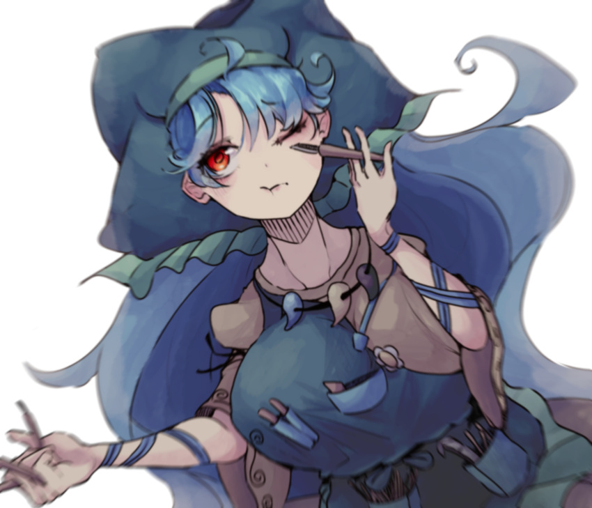 1girl absurdres ahoge ayang blue_hair breasts closed_mouth haniyasushin_keiki headdress highres holding large_breasts long_hair one_eye_closed red_eyes short_sleeves solo touhou wide_sleeves