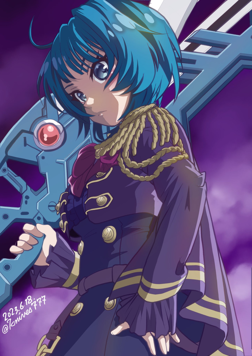 1girl ahoge aizawa_kazuha assault_lily belt blue_eyes blue_hair blue_shirt blue_skirt bow bowtie breasts buttons capelet center_frills closed_mouth commentary_request cowboy_shot cropped_jacket dated epaulettes frilled_shirt frilled_sleeves frills from_below from_side gradient_background hand_on_own_hip hand_up high-waist_skirt highres holding holding_weapon jacket knives_(knives777) long_sleeves looking_at_viewer looking_to_the_side medium_breasts missing-v-sadist-_-tetukamen official_alternate_costume open_clothes open_jacket over_shoulder purple_background purple_belt purple_capelet purple_jacket red_bow red_bowtie shirt short_hair sideways_glance skirt sleeves_past_wrists solo standing twitter_username weapon weapon_over_shoulder
