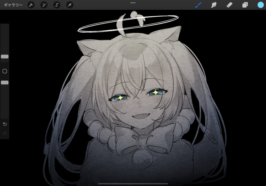 1girl :d animal_ears black_background blue_eyes blush bow bowtie cat_ears cat_girl crescent dress fangs hair_between_eyes halo hatsune_miku highres limited_palette long_hair looking_at_viewer neck_ruff nuko_0108 open_mouth portrait project_sekai raised_eyebrows screenshot sidelocks simple_background smile solo star-shaped_pupils star_(symbol) straight-on symbol-shaped_pupils traditional_bowtie twintails vocaloid wonderlands_x_showtime_miku