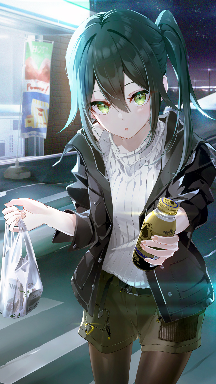 1girl :c absurdres bag black_jacket black_pantyhose building can canned_coffee collared_jacket convenience_store cowboy_shot crosswalk dice_gt drink green_eyes green_shorts hair_between_eyes highres holding holding_bag holding_drink horizon jacket long_hair long_sleeves looking_at_viewer night night_sky open_clothes open_jacket open_mouth original outdoors pantyhose plastic_bag raised_eyebrows ribbed_sweater road shop shorts side_ponytail sidelocks sky solo street sweater turtleneck turtleneck_sweater white_sweater