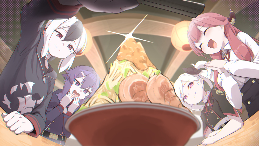 40siteimasu 4girls ^_^ absurdres aru_(blue_archive) black_hair blue_archive blush closed_eyes commission demon_horns food food_focus grey_hair haruka_(blue_archive) highres horns kayoko_(blue_archive) long_sleeves looking_at_object meat multiple_girls mutsuki_(blue_archive) noodles own_hands_together palms_together pink_hair pixiv_commission problem_solver_68_(blue_archive) purple_hair ramen restaurant smile