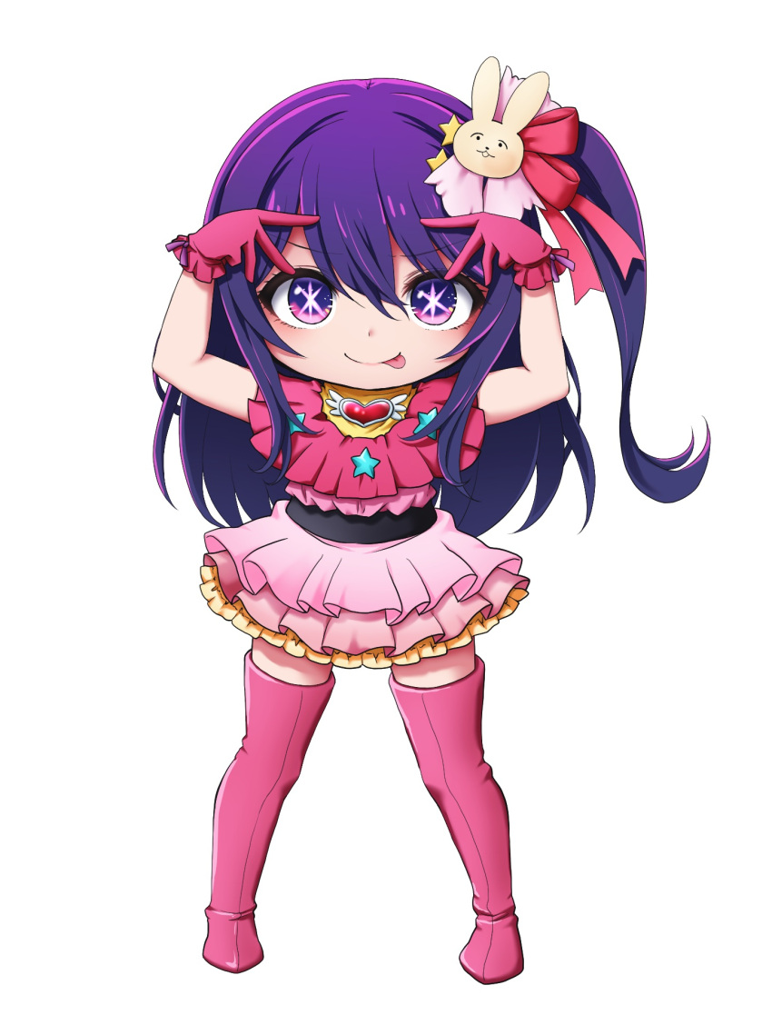 1girl :p arms_up boots chibi double_v full_body gloves hair_between_eyes hair_ornament highres hoshino_ai_(oshi_no_ko) kuena layered_skirt long_hair one_side_up oshi_no_ko pink_footwear pink_gloves pink_skirt pleated_skirt purple_hair rabbit_hair_ornament shirt simple_background skirt solo star_(symbol) star_hair_ornament symbol-shaped_pupils thigh_boots tongue tongue_out v very_long_hair violet_eyes white_background yellow_shirt