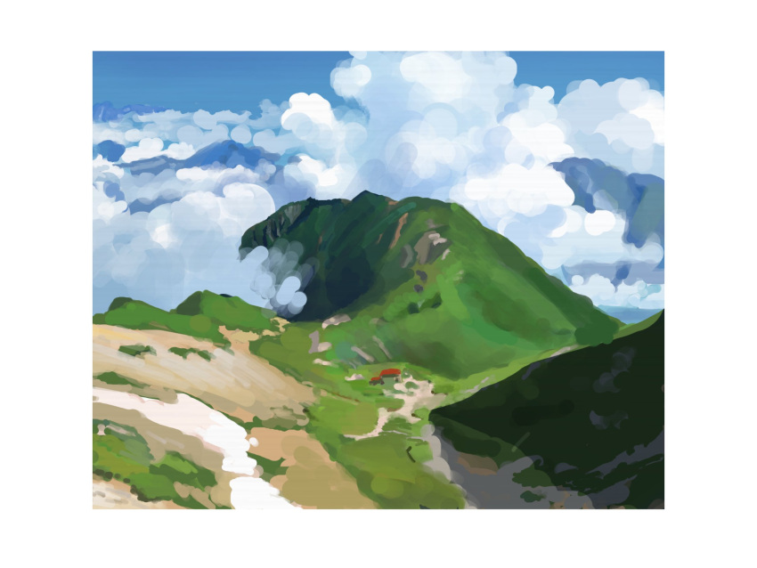 above_clouds blue_sky border building clouds cloudy_sky highres mountain mountainous_horizon no_humans original painting_(medium) s3_lmm scenery shadow sky sunlight traditional_media white_border