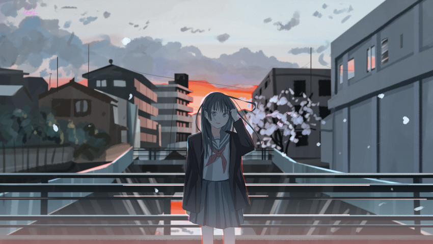 1girl absurdres adjusting_hair banishment bridge building cherry_blossoms choppy_bangs cityscape clouds commentary_request cowboy_shot dusk film_grain floating_hair grey_eyes grey_hair grey_sailor_collar grey_skirt highres jacket jacket_on_shoulders long_hair long_sleeves looking_at_viewer neckerchief open_clothes open_jacket open_mouth original petals pleated_skirt railing red_neckerchief sailor_collar scenery school_uniform serafuku shirt sidelocks skirt sky solo standing tree white_serafuku white_shirt