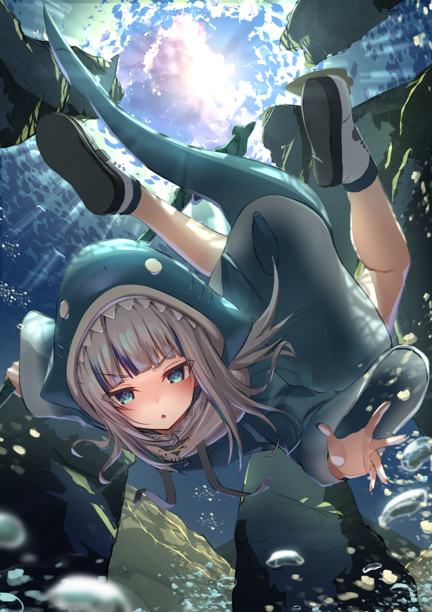 1girl :o absurdres animal_costume animal_hood blue_eyes blue_hair blue_hoodie blunt_bangs blush commentary determined fins fish_tail freediving full_body gawr_gura gawr_gura_(1st_costume) grey_hair highres hololive hololive_english hood hoodie inaba_teitoku long_hair long_sleeves looking_at_viewer multicolored_hair no_pants parted_lips shark_costume shark_girl shark_hood shark_tail solo streaked_hair tail underwater v-shaped_eyebrows virtual_youtuber white_footwear wide_sleeves