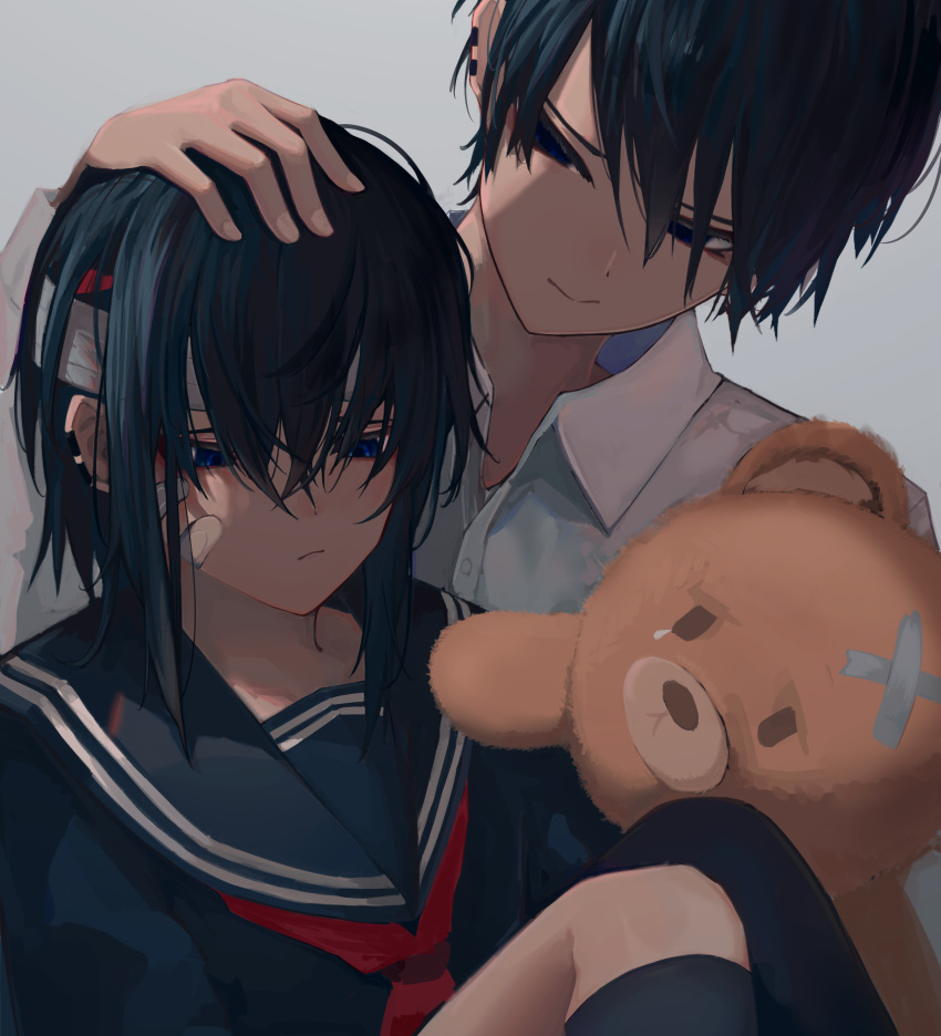 1boy 1girl 8rk9 absurdres bandaged_head bandages bandaid bandaid_on_face black_hair black_sailor_collar black_shirt black_socks blue_eyes blush brother_and_sister collared_shirt earclip grey_background hair_between_eyes hand_on_another's_head highres kneehighs knees_up long_hair long_sleeves looking_at_another neckerchief original red_neckerchief sailor_collar school_uniform serafuku shirt short_hair siblings sidelocks simple_background socks stuffed_animal stuffed_toy teddy_bear upper_body white_shirt