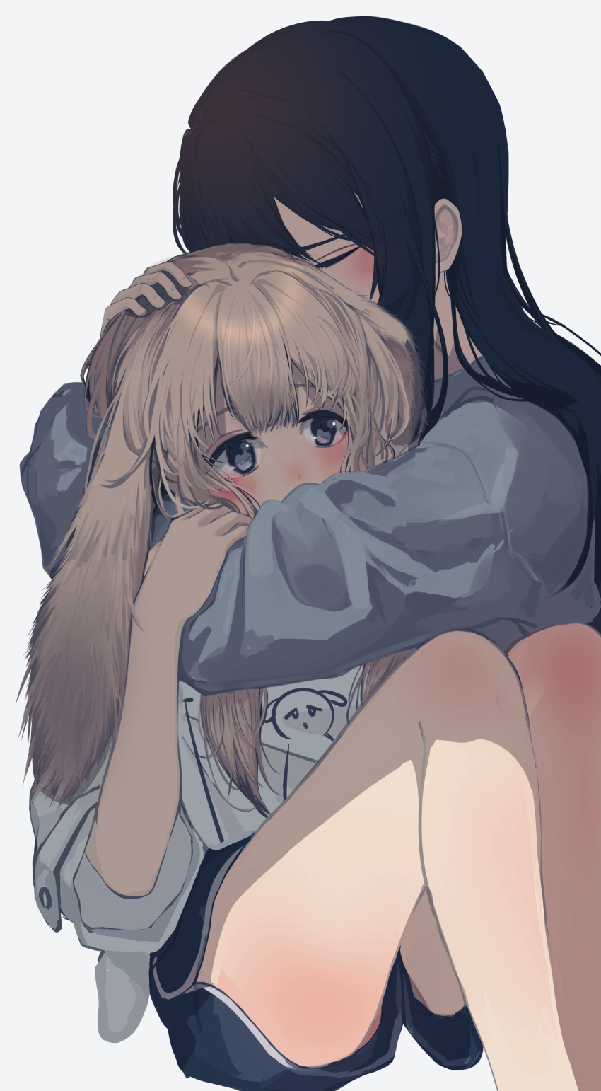 2girls 8rk9 absurdres animal_ears black_hair black_shorts blush brown_hair closed_eyes covered_mouth facing_another feet_out_of_frame floppy_ears grey_eyes gym_shorts hair_between_eyes hand_on_another's_arm hand_on_another's_head highres hug knees_up long_hair long_sleeves looking_ahead multiple_girls original print_shirt rabbit_ears rabbit_girl raised_eyebrows shirt shorts sidelocks simple_background sitting straight_hair thighs white_background white_shirt yuri