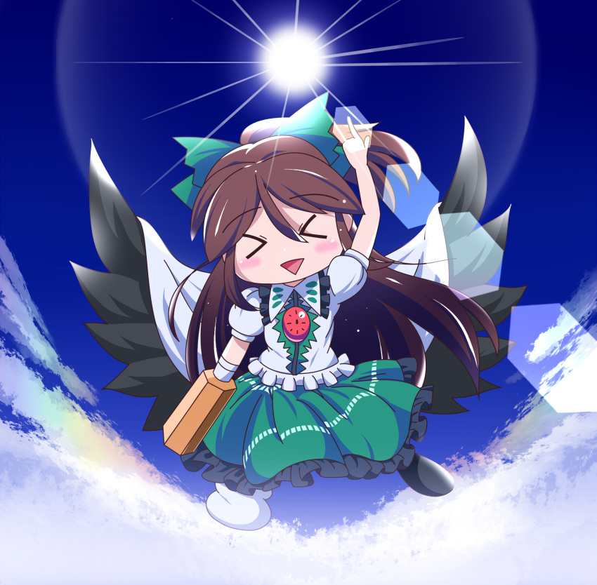 &gt;_&lt; 1girl arm_cannon asymmetrical_footwear bird_wings black_footwear black_wings blue_sky blush bow brown_hair cape closed_eyes clouds collared_shirt commentary_request control_rod cookie_(touhou) flat_chest frilled_shirt_collar frilled_skirt frills full_body green_bow green_skirt hair_between_eyes hair_bow highres lens_flare long_hair medium_bangs mismatched_footwear nadeko_(cookie) open_mouth pointing pointing_up ponytail puffy_short_sleeves puffy_sleeves reiuji_utsuho shirt shoes short_sleeves single_shoe skirt sky smile solo sugigoke sun third_eye touhou triangle_mouth weapon white_cape white_shirt wings