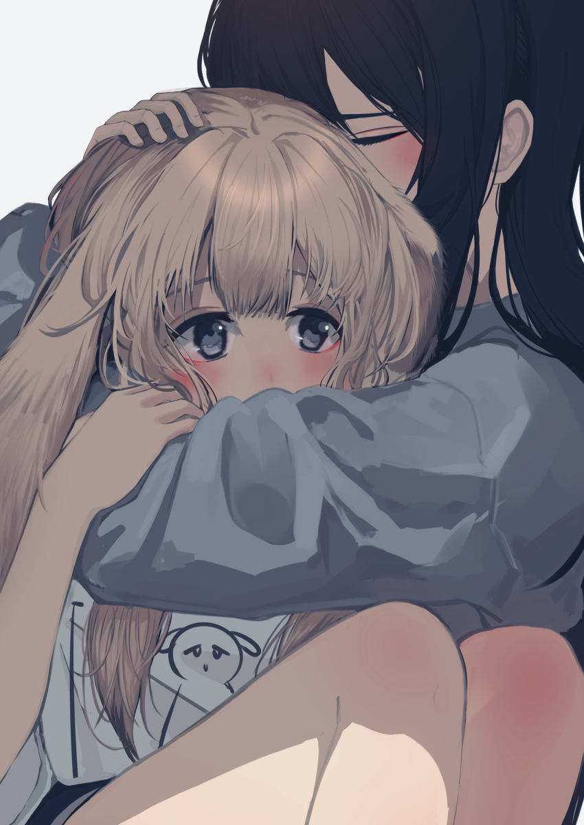 2girls 8rk9 absurdres animal_ears black_hair black_shorts blush brown_hair closed_eyes covered_mouth cropped facing_another floppy_ears grey_eyes gym_shorts hair_between_eyes hand_on_another's_arm hand_on_another's_head highres hug knees_up long_hair long_sleeves looking_ahead multiple_girls original print_shirt rabbit_ears rabbit_girl raised_eyebrows shirt shorts sidelocks simple_background sitting straight_hair thighs upper_body white_background white_shirt yuri