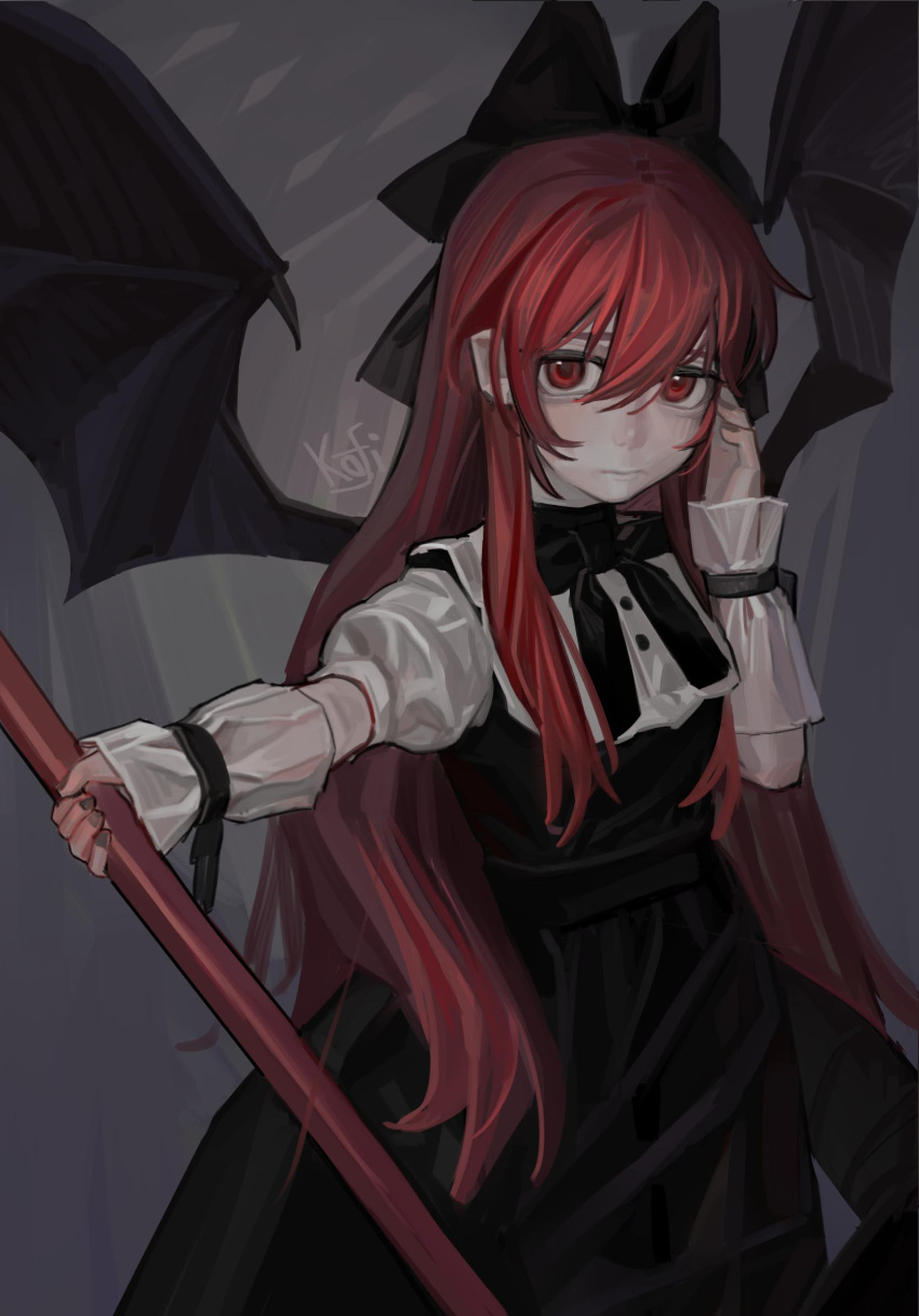 1girl artist_name bat_wings black_bow black_dress black_ribbon bow closed_mouth cowboy_shot dress grey_background hair_between_eyes hair_bow hand_up highres holding holding_stick juliet_sleeves kofi-mo long_hair long_sleeves looking_at_viewer neck_ribbon original outstretched_arm puffy_sleeves red_eyes redhead ribbon shirt signature solo stick white_shirt wings