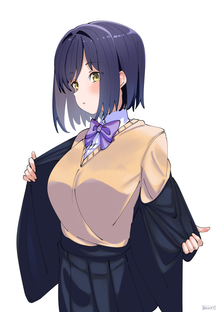 1girl absurdres black_jacket black_skirt blush bow bowtie breasts collared_shirt highres hizikit jacket long_sleeves looking_at_viewer medium_breasts nijisanji parted_lips purple_bow purple_bowtie purple_hair shirt shizuka_rin short_hair sidelocks simple_background skirt solo sweater sweater_tucked_in sweater_vest twitter_username undressing upper_body virtual_youtuber white_background yellow_eyes yellow_sweater