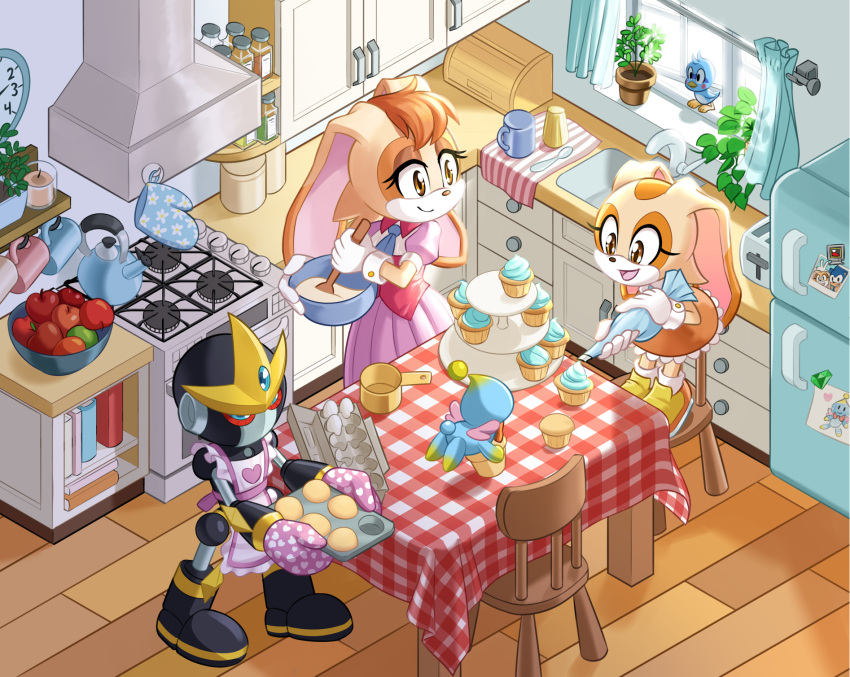 2girls apple bench bird black_footwear bowl cake_stand chair chao_(sonic) cheese_(sonic) clock cooking cream_the_rabbit cup cupcake dress dstears egg_(food) egg_carton food fruit gemerl gloves highres holding holding_bowl holding_spoon holding_tray indoors kettle kitchen mother_and_daughter multiple_girls on_chair orange_footwear orange_skirt oven_mitts pastry_bag pink_dress plant red_vest refrigerator robot shoes sink skirt sonic_(series) spoon standing standing_on_chair stove table tray vanilla_the_rabbit vest white_gloves wooden_floor wooden_spoon