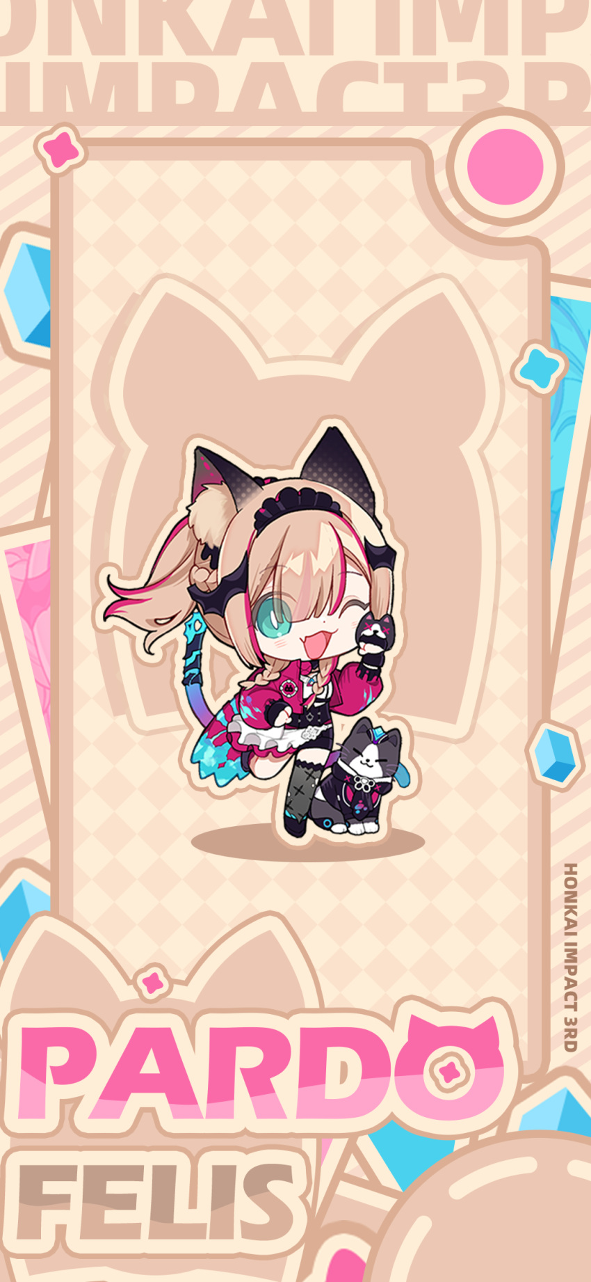 1girl animal animal_ear_fluff animal_ears black_cat black_footwear black_gloves black_shorts braid can_(honkai_impact) cat cat_ears cat_girl cat_tail character_name chibi chinese_commentary fingerless_gloves gloves green_eyes high_ponytail highres honkai_(series) honkai_impact_3rd jacket light_blush light_brown_hair logo looking_at_viewer multicolored_hair official_alternate_costume official_art official_wallpaper one_eye_closed open_clothes open_jacket open_mouth pardofelis_(honkai_impact) pink_jacket pink_sleeves shorts single_bare_leg single_thighhigh standing streaked_hair tail thigh-highs