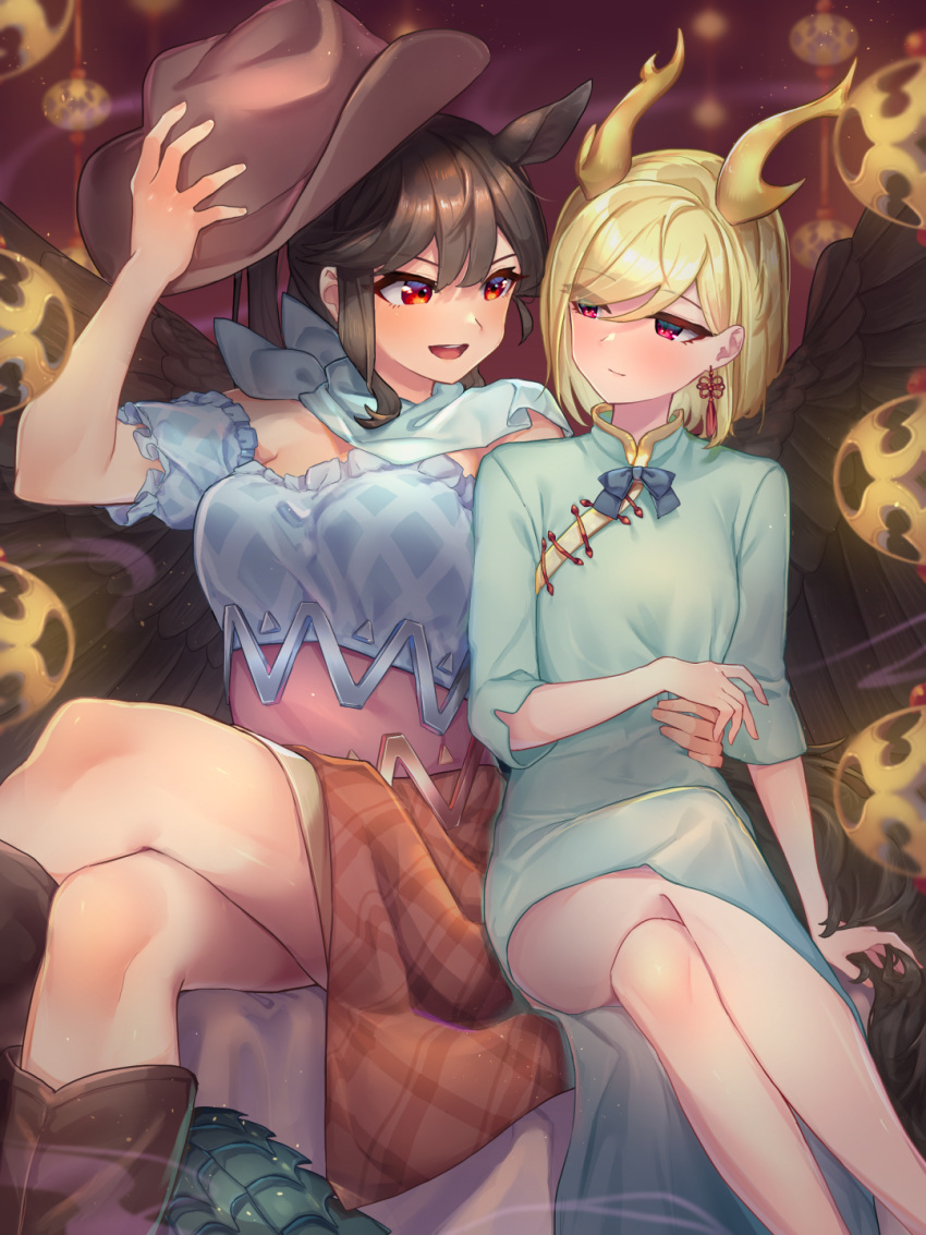 2girls animal_ears arm_around_waist black_hair black_wings blonde_hair boots bow bowtie breasts brown_skirt china_dress chinese_clothes commission cowboy_hat crossed_legs dragon_girl dragon_horns dragon_tail dress earrings eye_contact hat hat_removed headwear_removed highres holding holding_clothes holding_hat horns horse_ears horse_girl jewelry kicchou_yachie kurokoma_saki light_blush long_hair looking_at_another medium_breasts medium_hair multiple_girls open_mouth overskirt red_eyes scarf skeb_commission skirt smile tail teeth thighs touhou upper_teeth_only wankosoba_(wanwan_soba) wings yuri