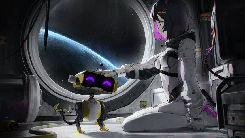 1girl bandaid bandaid_on_face bandaid_on_nose black_hair breasts cable commentary english_commentary highres indie_virtual_youtuber mechanical_tail medium_breasts multicolored_hair planet purple_hair rainhoe robot seiza short_hair sitting solo space spacecraft_interior spacesuit tail two-tone_hair vertigris virtual_youtuber window yellow_eyes