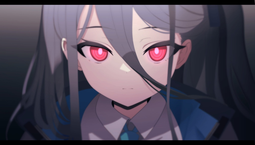 &lt;key&gt;_(blue_archive) 1girl absurdly_long_hair akiyuki_nagi aris_(blue_archive) black_background black_hair black_jacket blue_archive blue_jacket blue_necktie blurry bright_pupils closed_mouth collared_shirt commentary depth_of_field dot_nose expressionless hair_between_eyes highres jacket long_hair looking_at_viewer multicolored_clothes multicolored_jacket necktie one_side_up red_eyes shirt solo split_mouth two-tone_jacket very_long_hair white_pupils white_shirt