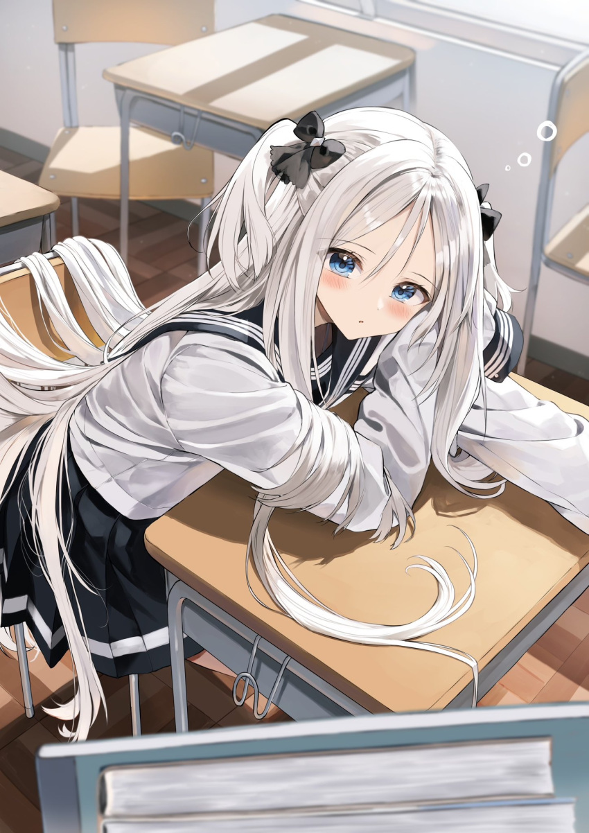 1girl :o black_bow black_sailor_collar black_skirt blue_eyes blush bow chair commentary_request desk hair_between_eyes hair_bow highres indoors long_hair long_sleeves on_chair original parted_bangs parted_lips pentagon_(railgun_ky1206) pleated_skirt sailor_collar school_chair school_desk shirt skirt sleeves_past_fingers sleeves_past_wrists solo sunlight two_side_up very_long_hair white_hair white_shirt window