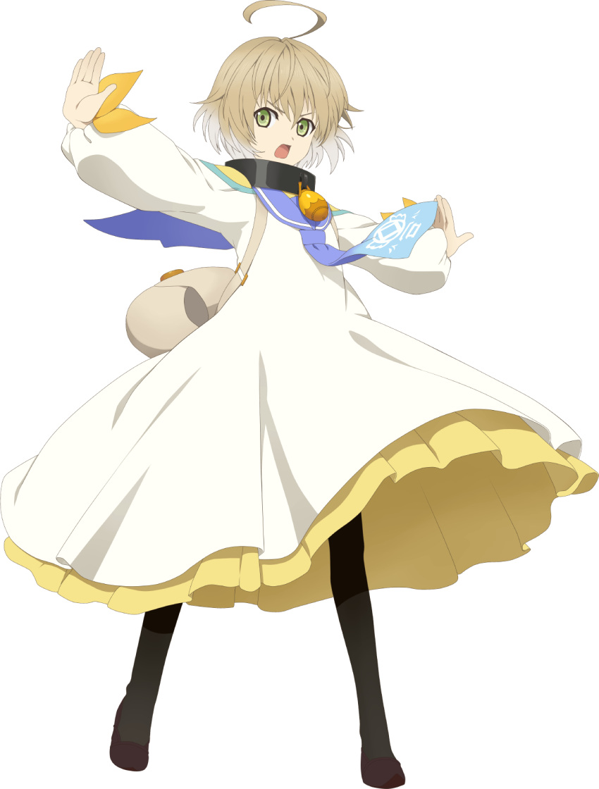 1boy ahoge blonde_hair dress english_commentary full_body green_eyes hair_between_eyes highres laphicet_(tales) long_sleeves male_child male_focus official_art open_mouth outstretched_arms shoes solo standing tales_of_(series) tales_of_asteria tales_of_berseria transparent_background white_dress