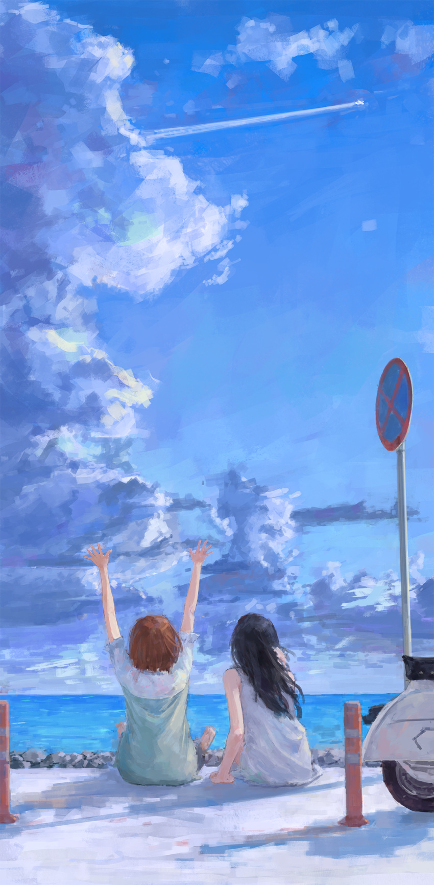 2girls arm_support arms_up black_hair brown_hair chinese_commentary clouds commentary_request contrail day dress frilled_sleeves frills from_behind hand_in_own_hair highres long_hair multiple_girls ocean original outdoors road_sign short_sleeves sign sitting sky sundress white_dress xilmo