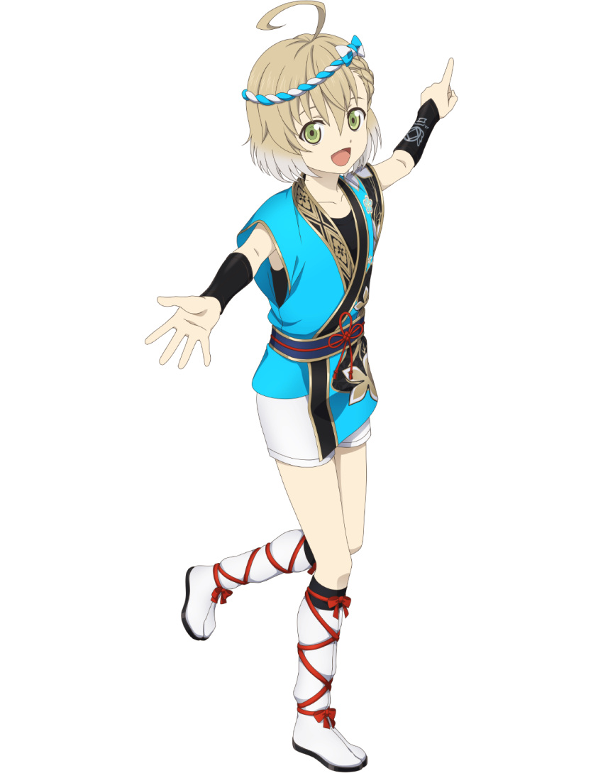 1boy ahoge blonde_hair english_commentary full_body green_eyes highres laphicet_(tales) male_child male_focus official_art open_mouth palms pointing sleeveless smile solo tales_of_(series) tales_of_asteria tales_of_berseria transparent_background