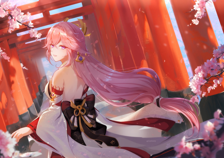 1girl absurdres animal_ears breasts celtreny cherry_blossoms detached_sleeves earrings floppy_ears fox_ears fox_girl genshin_impact highres japanese_clothes jewelry long_hair looking_at_viewer low-tied_long_hair multiple_torii nontraditional_miko pink_hair sideboob solo torii violet_eyes wide_sleeves yae_miko