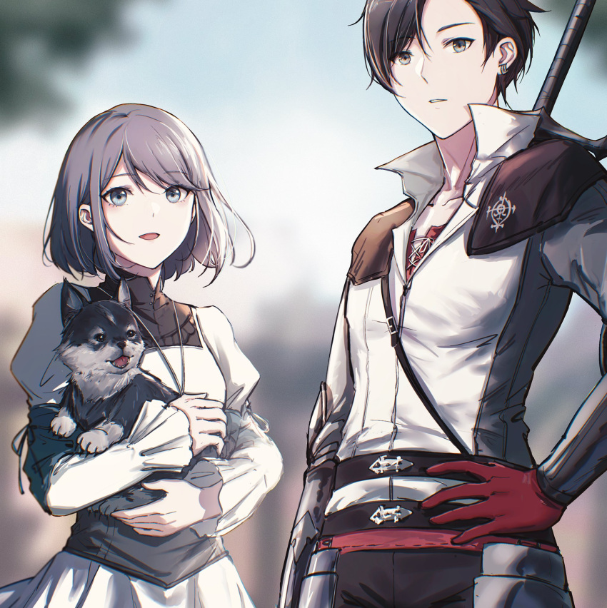 1boy 1girl animal black_hair blue_eyes clive_rosfield dog dress ear_piercing final_fantasy final_fantasy_xvi gloves grey_hair grey_wolf highres holding holding_animal holding_dog ikooto111 jill_warrick long_sleeves looking_at_viewer open_mouth piercing puffy_sleeves puppy red_gloves short_hair simple_background square_enix standing sword torgal_(ff16) upper_body vest weapon weapon_on_back white_dress white_vest wolf