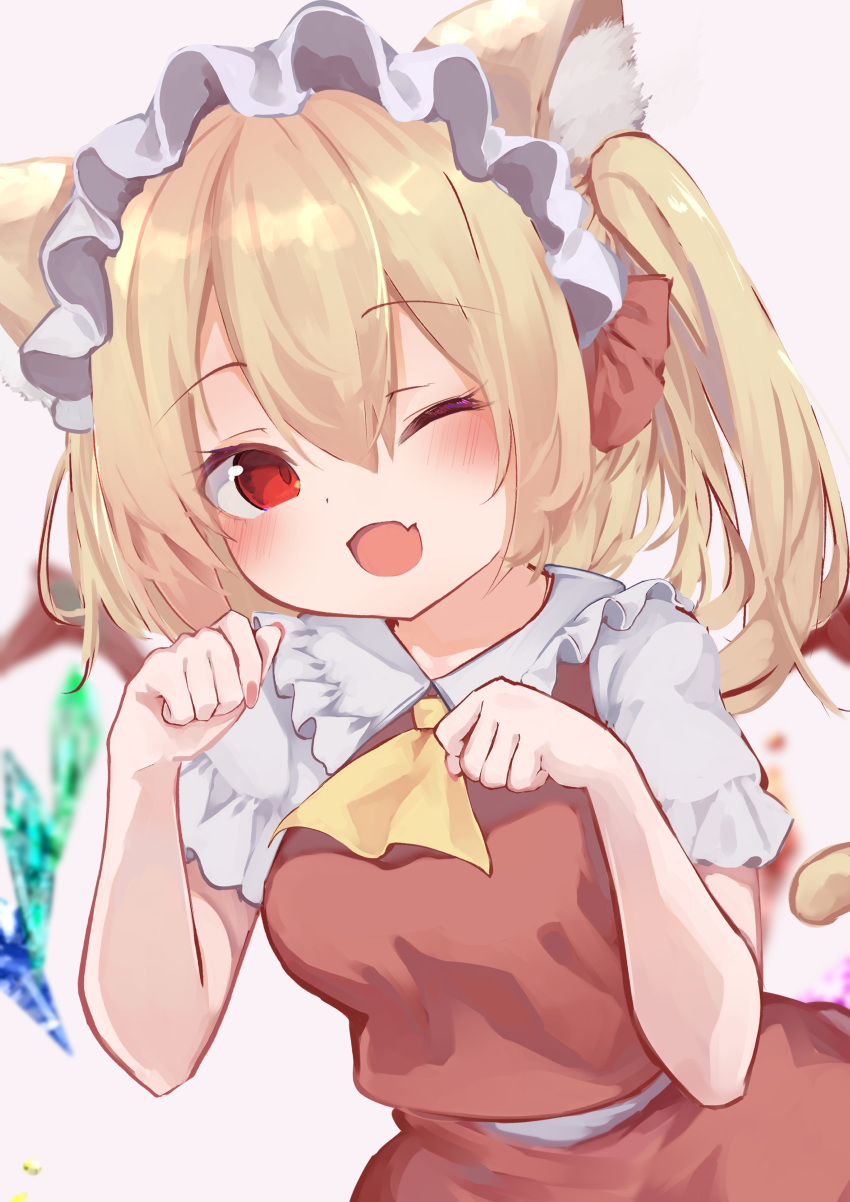 1girl ;d absurdres ascot blonde_hair blurry blurry_background blush breasts cat_tail commentary_request crystal depth_of_field dot_nose fang flandre_scarlet hair_between_eyes happy hat highres kemonomimi_mode looking_at_viewer medium_hair mob_cap one_eye_closed paw_pose petite pink_nails r_utchi red_eyes red_skirt red_vest simple_background skin_fang skirt skirt_set small_breasts smile solo tail touhou vest white_background wings yellow_ascot