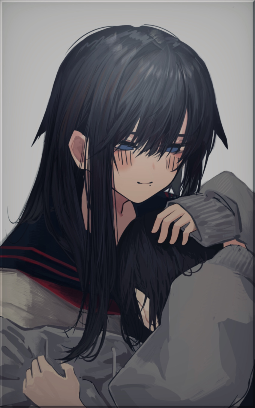 2girls 8rk9 black_hair black_sailor_collar blue_eyes blush_stickers closed_mouth from_side grey_background grey_jacket hair_between_eyes highres hug jacket long_hair long_sleeves looking_at_another mole mole_under_eye multiple_girls mutual_hug no_pupils original sailor_collar short_hair sidelocks simple_background sleeve_cuffs smile straight_hair upper_body