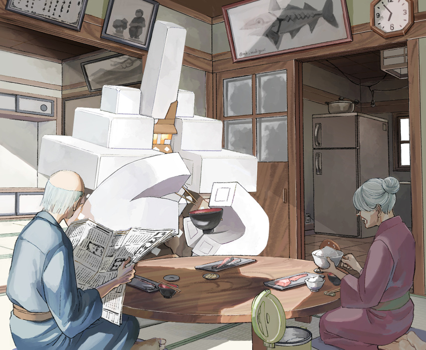 1boy 1girl bald barefoot bowl chopsticks clock commentary_request food garganacl grey_hair hair_bun highres holding holding_bowl holding_chopsticks indoors japanese_clothes kimono mukiguri newspaper old old_man old_woman pokemon pokemon_(creature) purple_kimono refrigerator rice_bowl rice_cooker short_hair sitting table