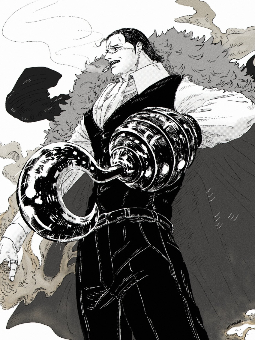 1boy ascot cigar crocodile_(one_piece) feet_out_of_frame foreshortening frown geokinesis greyscale hair_slicked_back highres hook_hand looking_ahead male_focus mimiika monochrome one_piece pants sand scar scar_on_face short_hair smoke_trail solo standing stitches