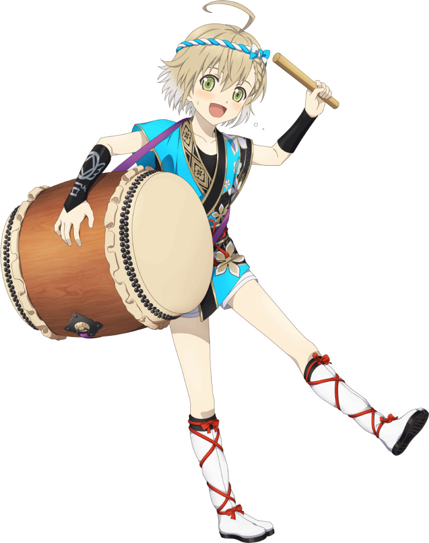 1boy ahoge blonde_hair drum english_commentary full_body green_eyes hair_between_eyes highres instrument laphicet_(tales) male_child male_focus official_art open_mouth sleeveless smile solo tales_of_(series) tales_of_asteria tales_of_berseria
