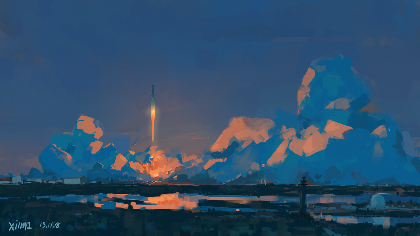 artist_name commentary dated dusk english_commentary highres night no_humans original outdoors scenery sky spacex spacex_falcon_heavy wide_shot xilmo