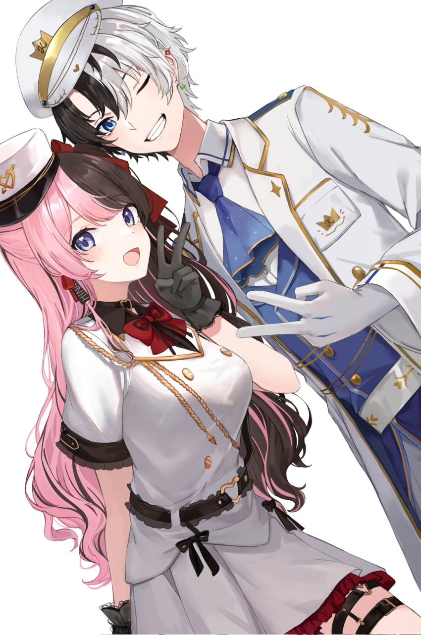 1boy 1girl :d ;) alternate_costume ascot belt black_belt black_hair black_shirt blue_ascot blue_eyes blue_vest bow bowtie buckle collared_shirt dress_shirt earrings frilled_skirt frills gloves grin hat heart heart-shaped_buckle highres indie_virtual_youtuber jacket jewelry kamito_(vtuber) leaning_forward long_hair looking_at_viewer military_uniform miniskirt multicolored_hair official_alternate_costume one_eye_closed peaked_cap pink_hair pleated_skirt red_bow red_bowtie shirt short_sleeves simple_background skirt smile split-color_hair tachibana_hinano_(vtuber) thigh_strap touri_tarou_(misconception) two-tone_hair uniform v very_long_hair vest virtual_youtuber vspo! white_background white_gloves white_hair white_headwear white_jacket white_shirt white_skirt wing_collar