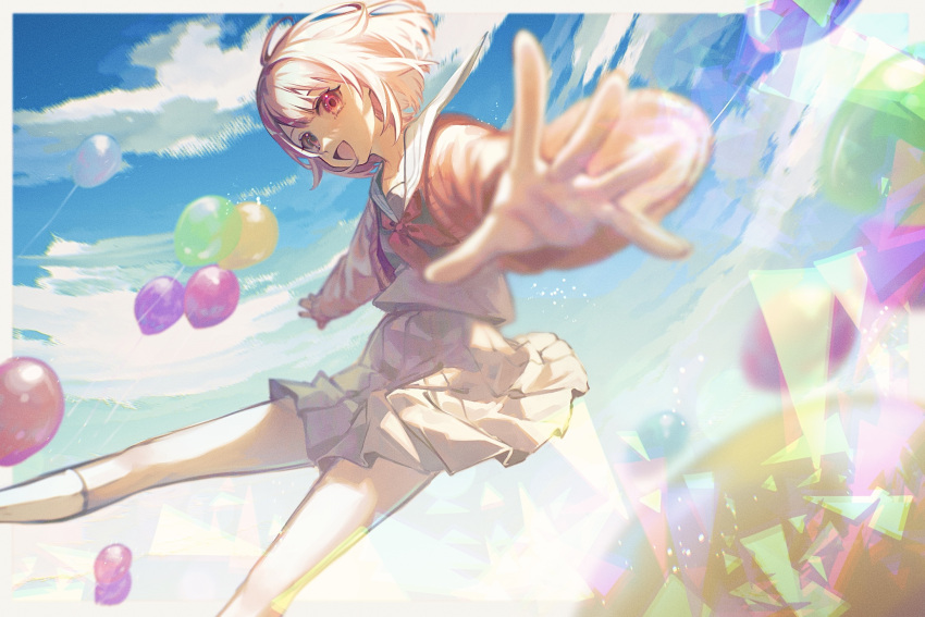 1girl :d balloon blue_sky border cardigan clouds cloudy_sky collarbone day feet_out_of_frame floating_clothes foreshortening from_side grey_serafuku grey_shirt grey_skirt highres jumping kneehighs long_bangs looking_at_viewer miyamasuzaka_girls'_academy_school_uniform neckerchief nuko_0108 ootori_emu open_cardigan open_clothes open_hands open_mouth outdoors outside_border outstretched_arms pink_cardigan pink_eyes pink_hair pleated_skirt project_sekai raised_eyebrows red_neckerchief sailor_collar school_uniform serafuku shirt short_hair sidelocks skirt sky smile socks solo white_border white_sailor_collar white_socks