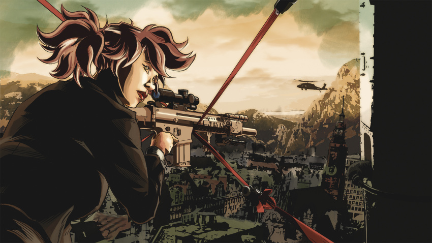 1girl aircraft battle_rifle battlesecretary bipod black_jacket brown_eyes brown_hair building clouds collared_shirt dress_shirt european_architecture flying fn_scar_17 folding_stock foregrip from_behind gun helicopter highres holding holding_gun holding_weapon jacket laser_sight lips long_hair looking_back motor_vehicle mountain nose office_lady original outdoors ponytail red_lips rifle scenery scope shirt sky solo spire steeple tower town turning_head upper_body vertical_foregrip weapon western_comics_(style) white_shirt wind yellow_sky