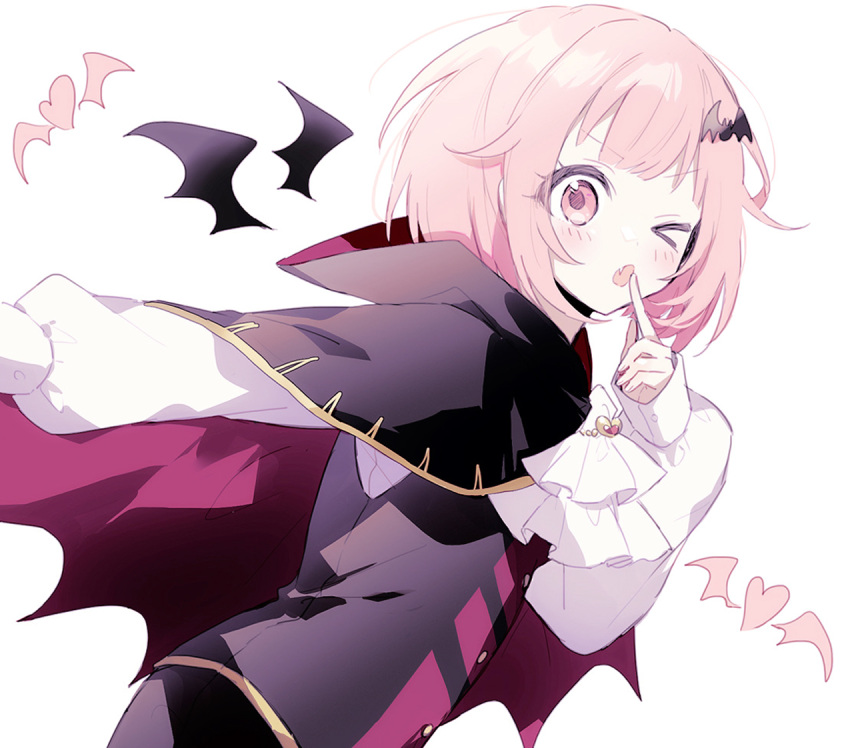 &gt;_o 1girl ascot bat_hair_ornament bat_wings black_cape black_vest blush cape commentary detached_wings fang hair_ornament heart index_finger_raised long_sleeves mini_wings nemuisanwo one_eye_closed ootori_emu open_mouth pink_eyes pink_hair project_sekai puffy_long_sleeves puffy_sleeves shirt short_hair skin_fang solo symbol-only_commentary upper_body vampire vest white_ascot white_shirt wings