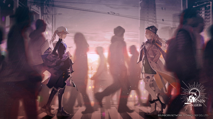 2girls baseball_cap beanie boots crosswalk crowd girls_frontline hands_in_pockets hat highres long_hair looking_at_another multiple_girls official_art official_wallpaper scar-h_(girls'_frontline) scar-l_(girls'_frontline) scarf siblings sisters sunset tactical_clothes turtleneck_bodysuit